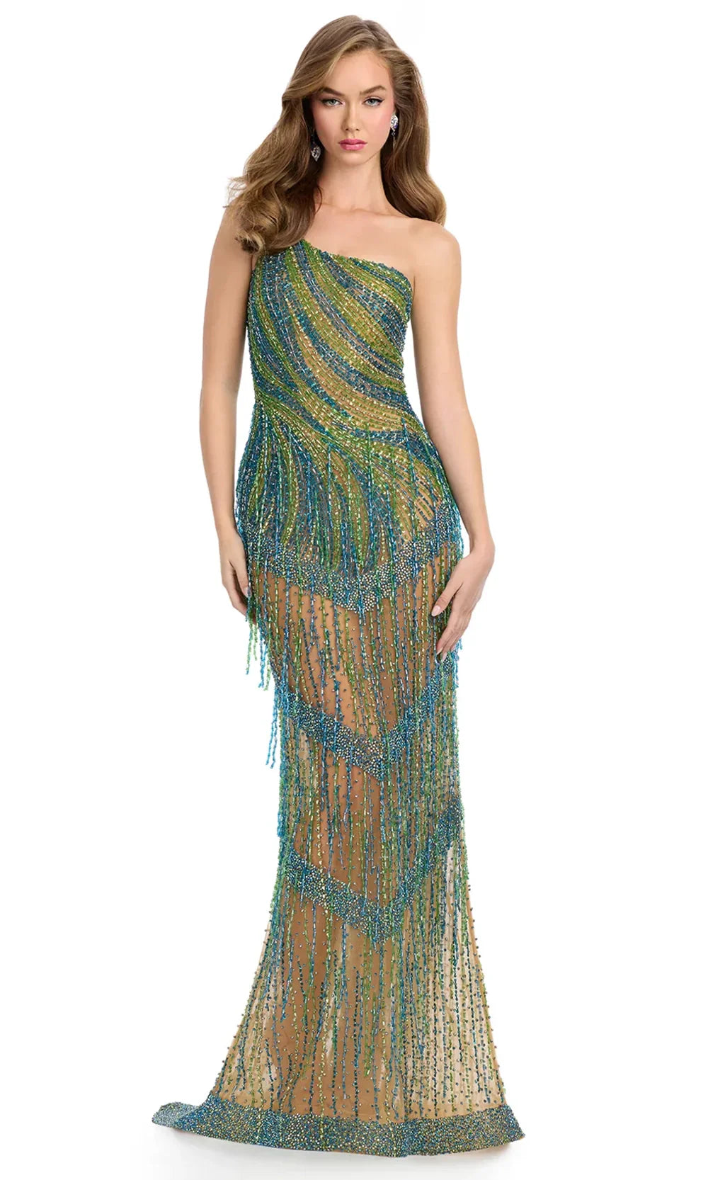 Ashley Lauren 11985 - One Shoulder Beaded Fringe Gown
