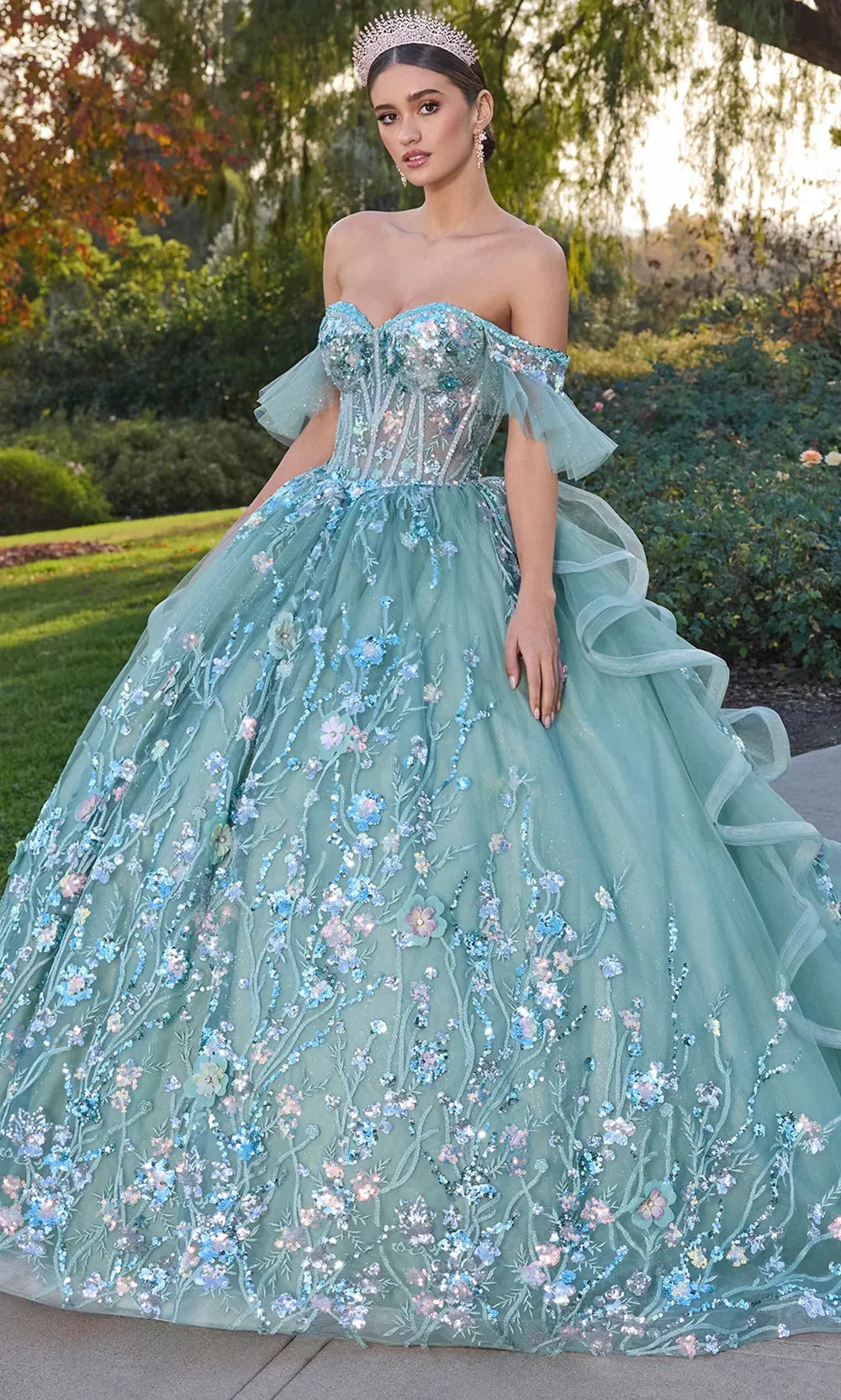 Ashley Lauren 30120 - Off Shoulder Floral Appliqued Ruffle Gown