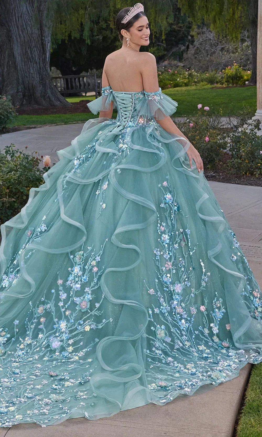 Ashley Lauren 30120 - Off Shoulder Floral Appliqued Ruffle Gown