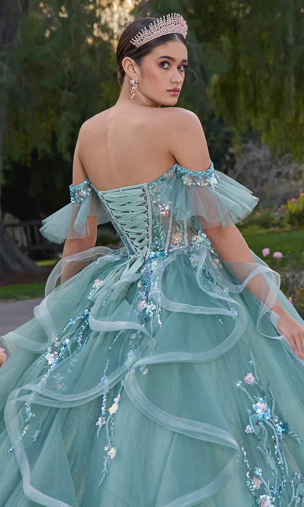 Ashley Lauren 30120 - Off Shoulder Floral Appliqued Ruffle Gown