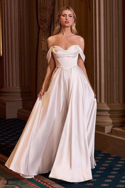 Ladivine 7449W - Pleated Skirt Cowl Neckline Gown