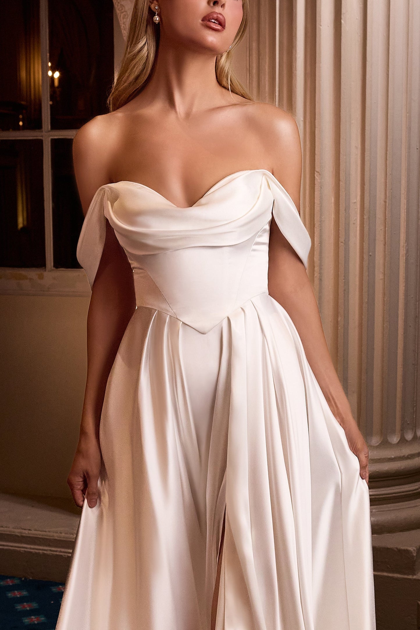 Ladivine 7449W - Pleated Skirt Cowl Neckline Gown