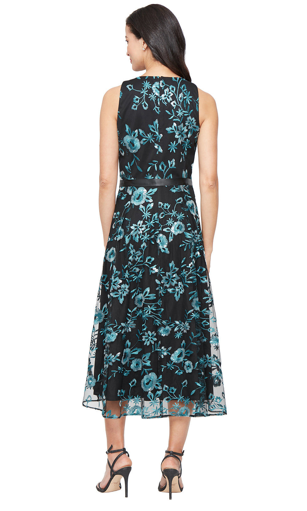 Alex Evenings 81171839 - Embroidered Tea-Length Dress with Tie Waist