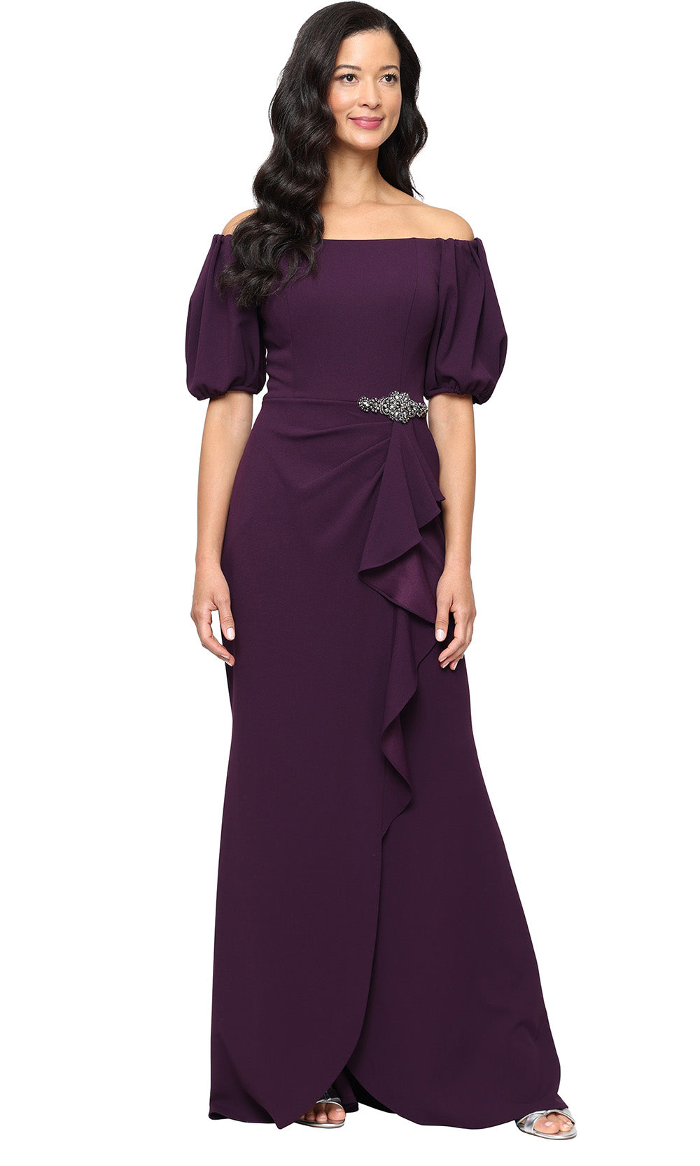 Alex Evenings 8160532 - Off Shoulder Crepe Gown with Ruffle Detail