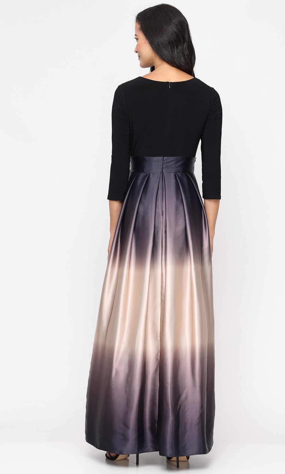S.L. Fashions 9151145 - Pleated Ombre Skirt V-Neckline Gown