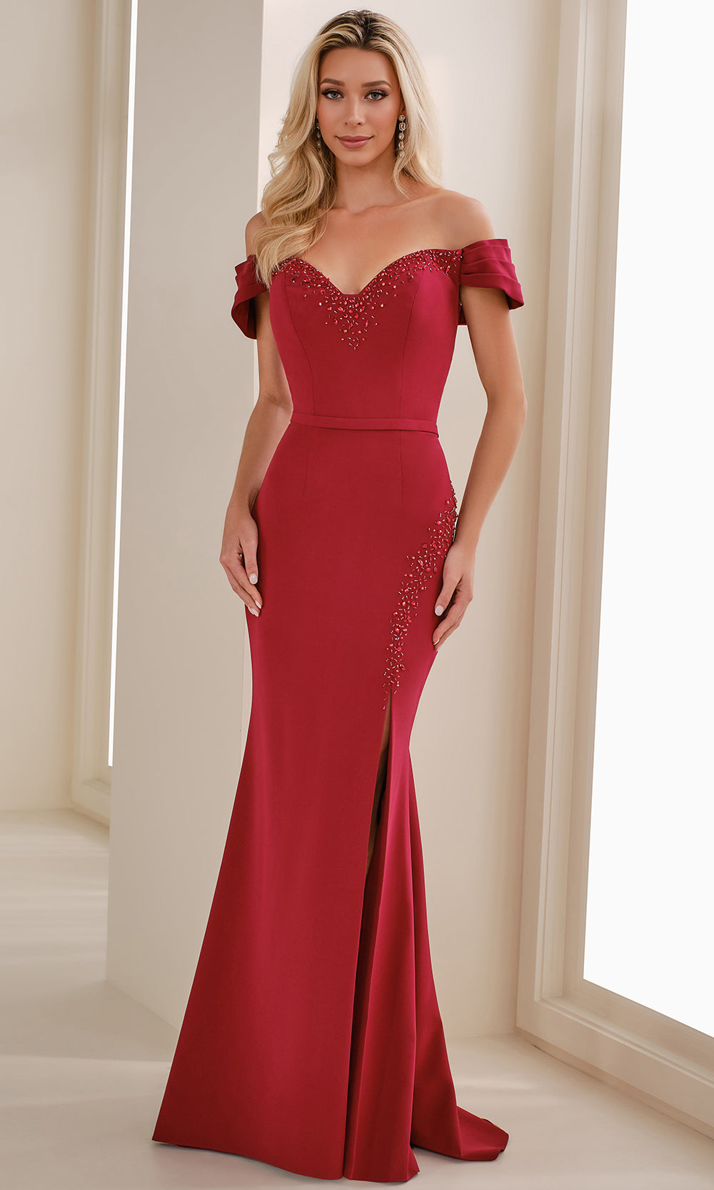 Cameron Blake CB906 - Pleated Off Shoulder Gown with Slit