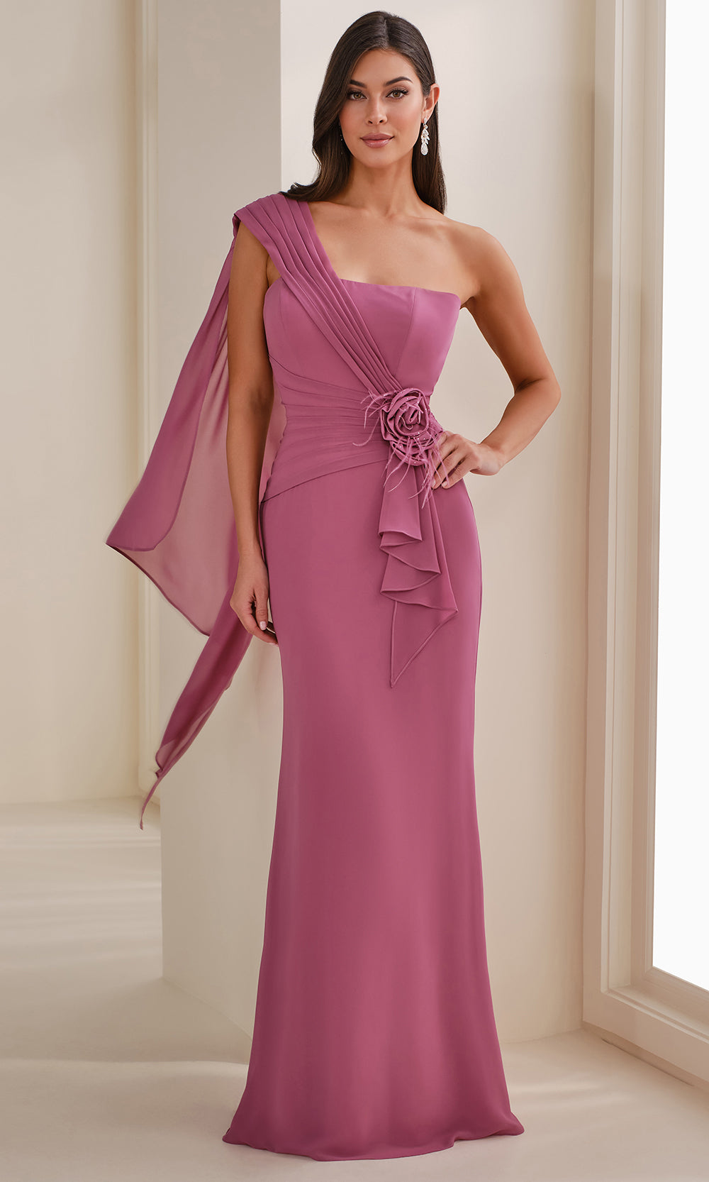 Cameron Blake CB908 - Asymmetric Sheath Gown with 3D Floral Accent