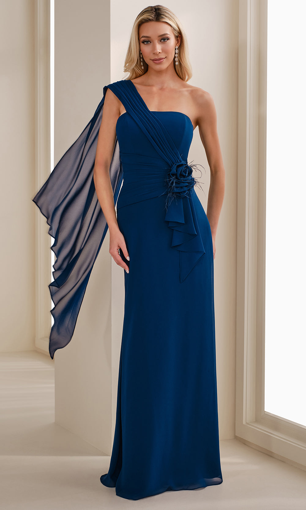 Cameron Blake CB908 - Asymmetric Sheath Gown with 3D Floral Accent