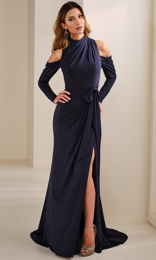 Cameron Blake CB912 - Long Sleeve Ruched Gown with Slit