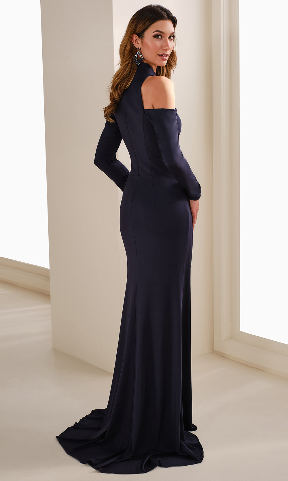 Cameron Blake CB912 - Long Sleeve Ruched Gown with Slit