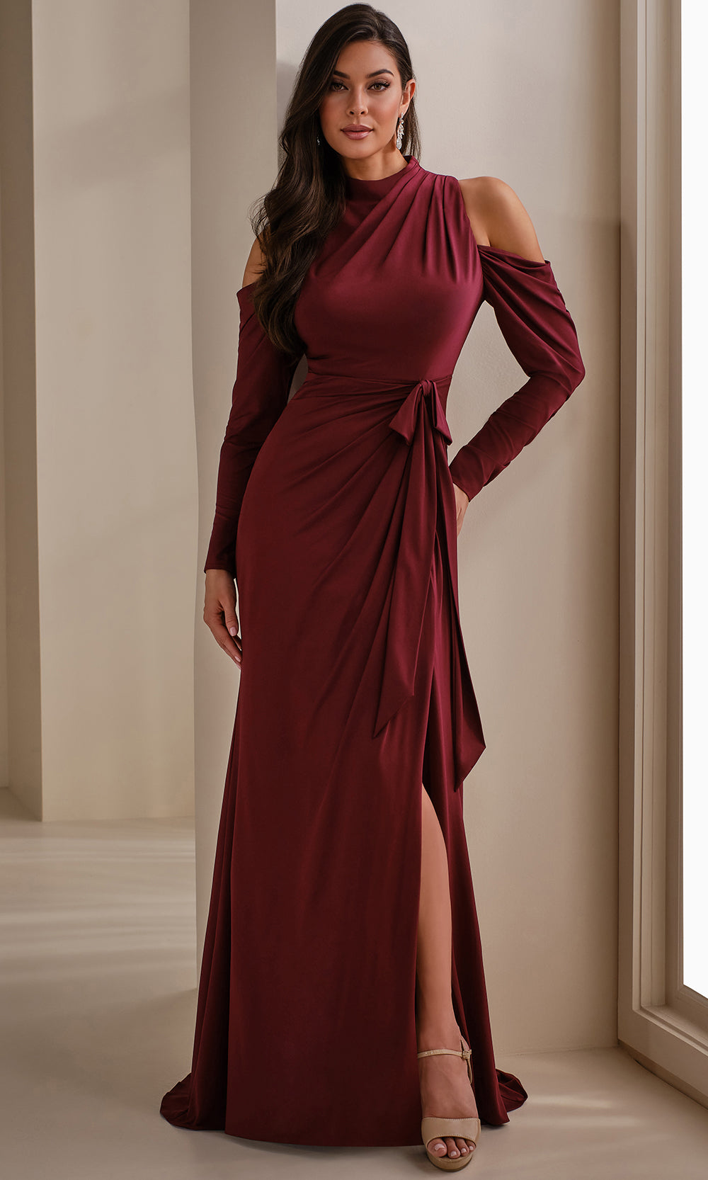 Cameron Blake CB912 - Long Sleeve Ruched Gown with Slit