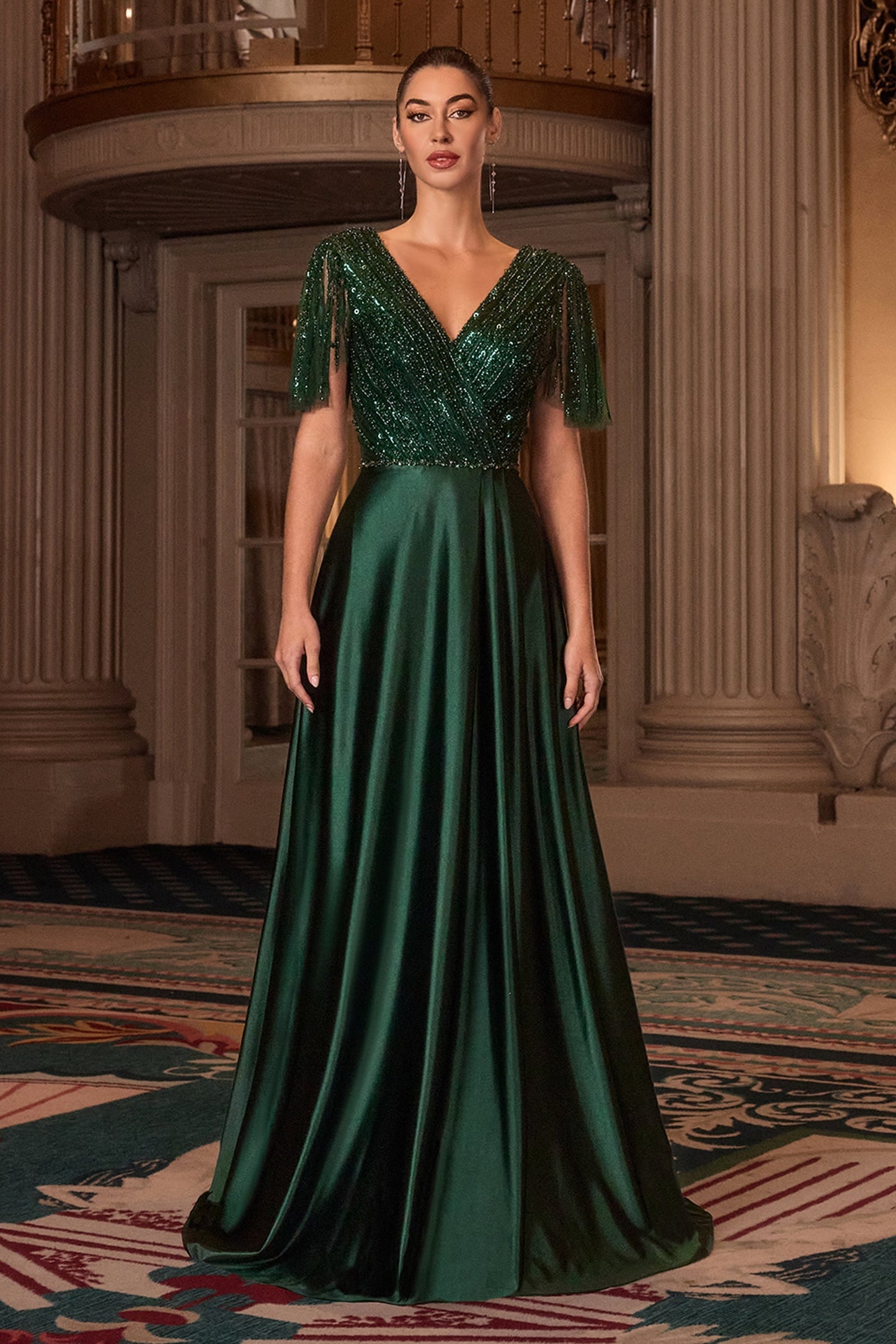Ladivine CC447 - Surplice V-Neck Beaded Embellished Gown