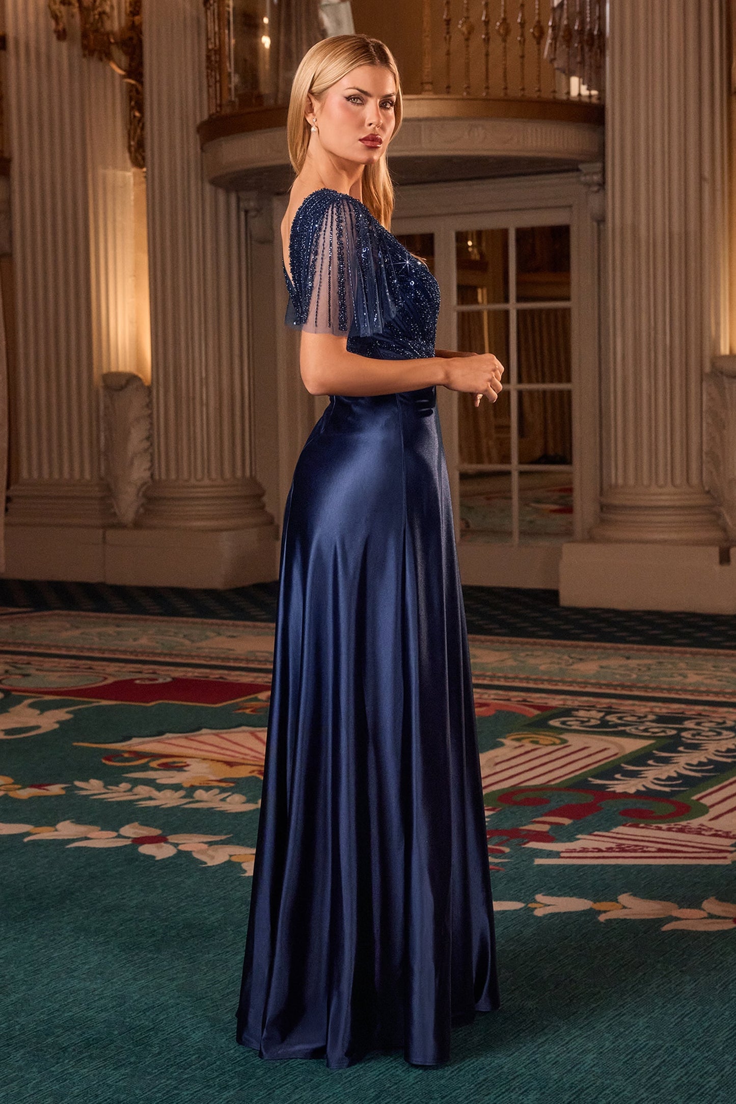 Ladivine CC447 - Surplice V-Neck Beaded Embellished Gown