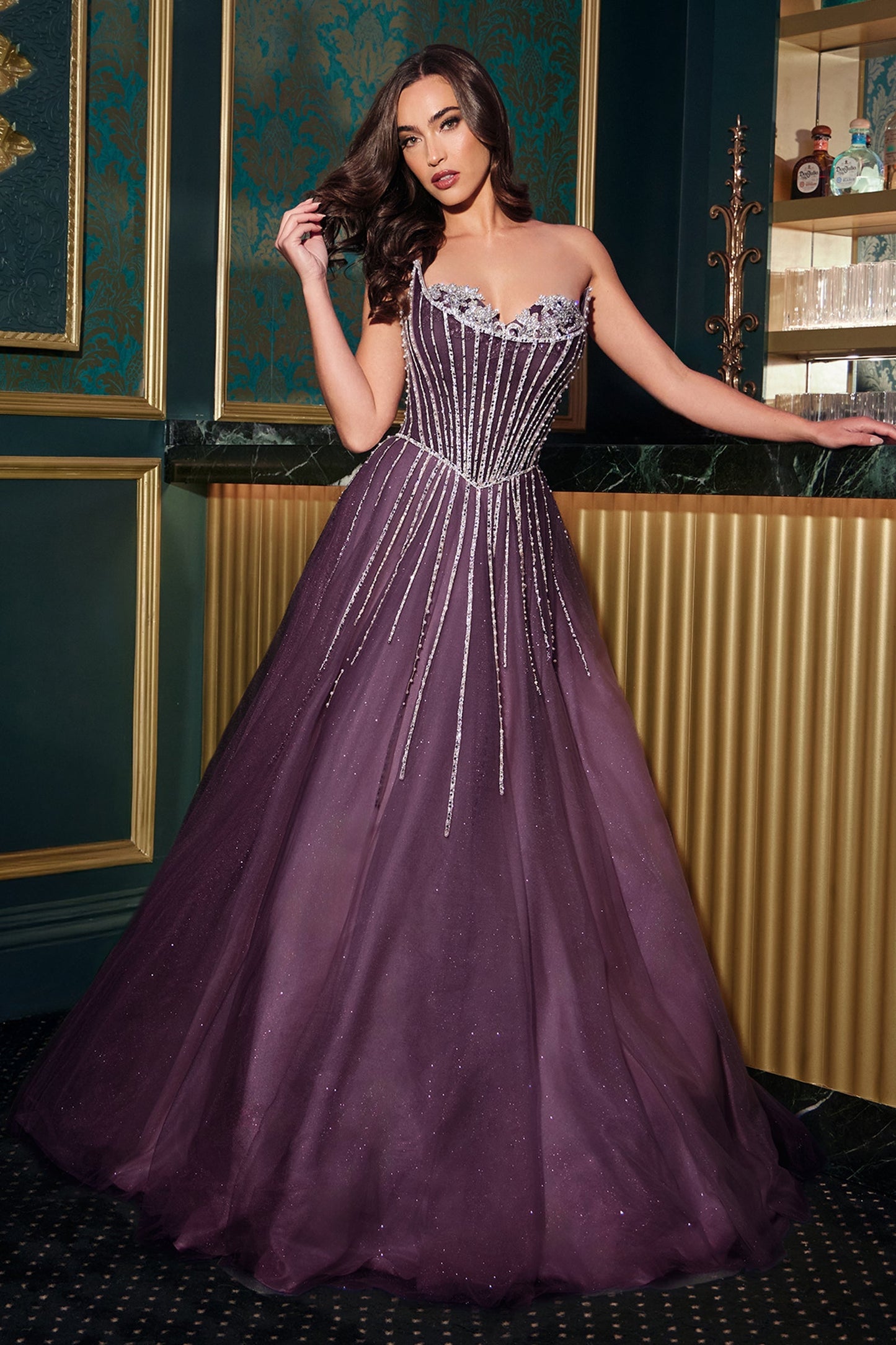 Ladivine CDS541 - Beaded Basque Waist A-line Evening Gown