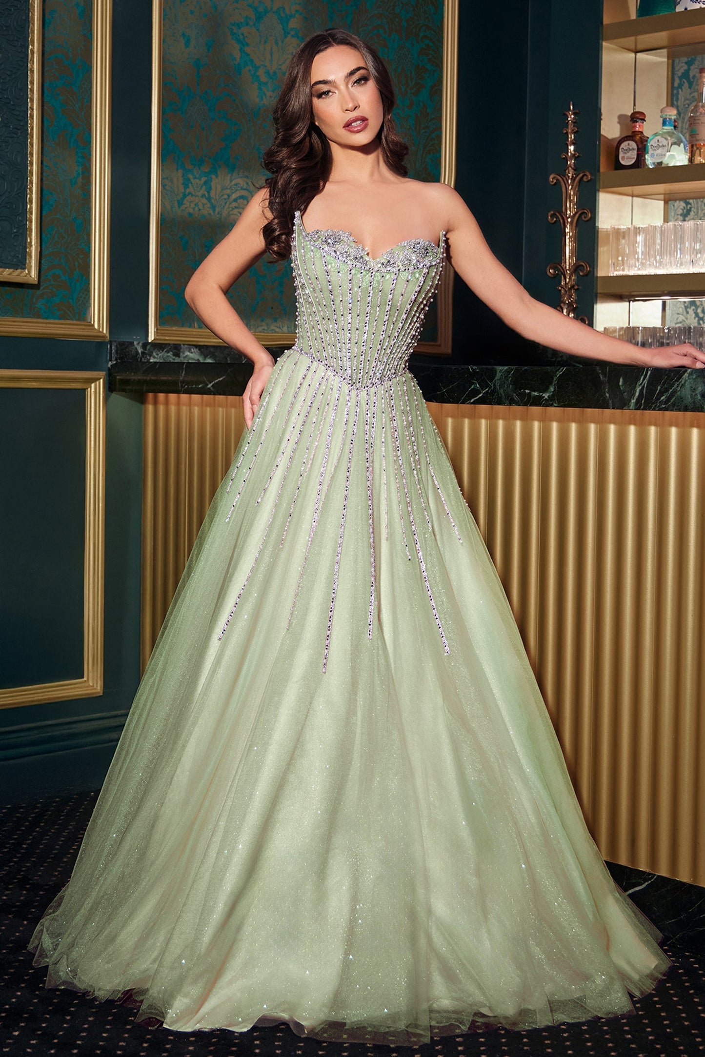 Ladivine CDS541 - Beaded Basque Waist A-line Evening Gown