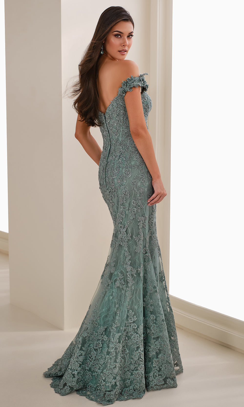 Ivonne D ID1407 - Off Shoulder Corded Lace Evening Gown