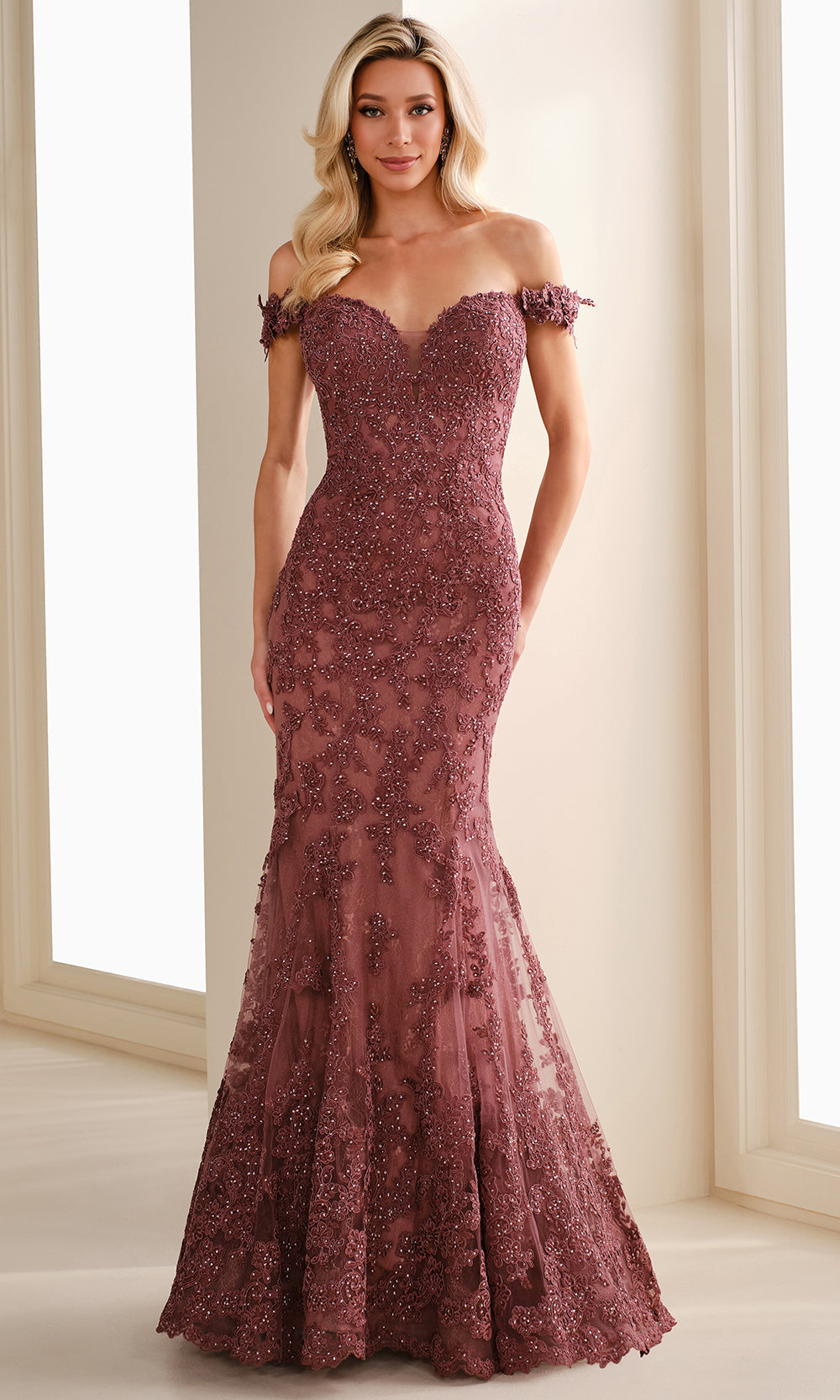Ivonne D ID1407 - Off Shoulder Corded Lace Evening Gown