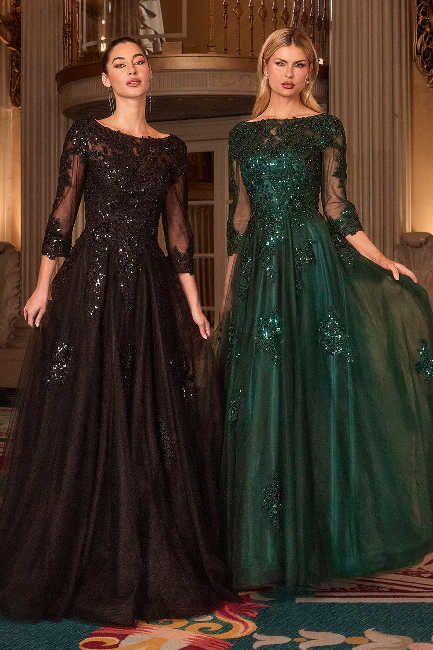 Ladivine J883 - Bateau Neck Embroidered Tulle Ballgown