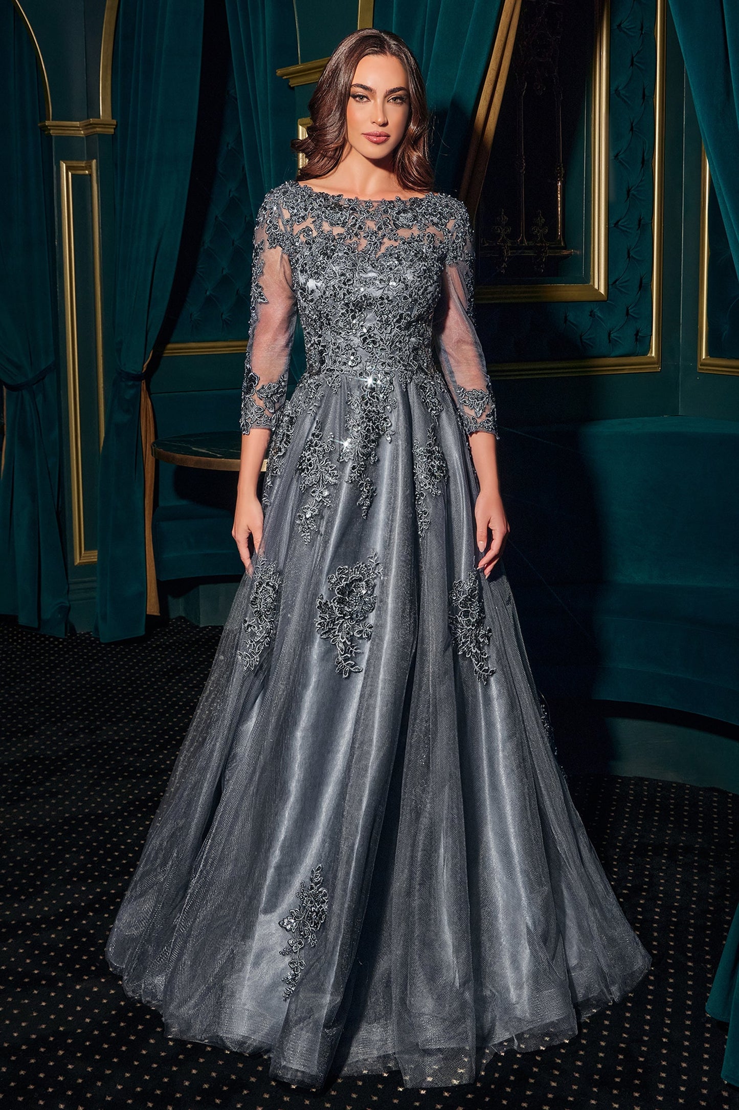 Ladivine J883 - Bateau Neck Embroidered Tulle Ballgown