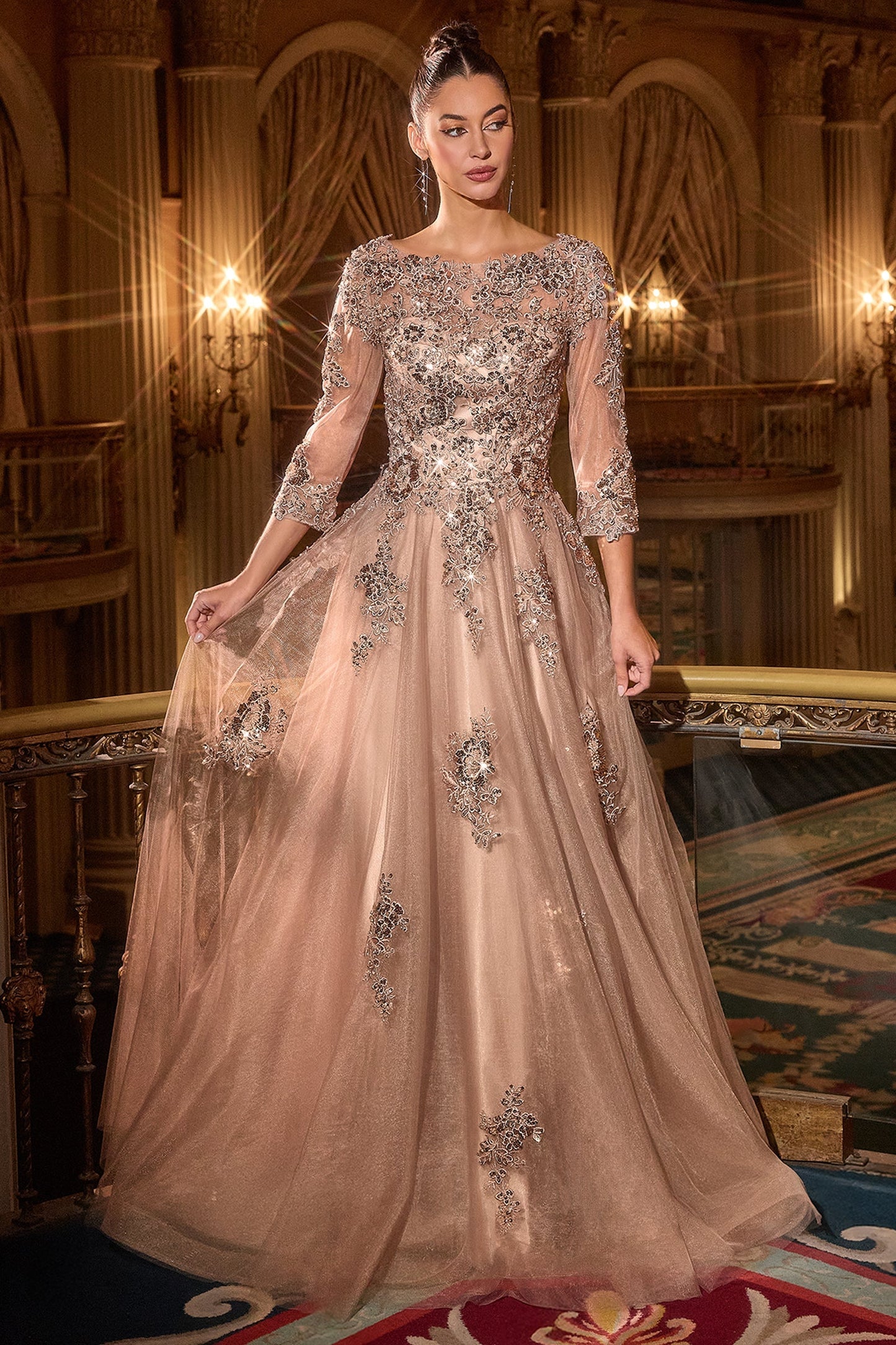 Ladivine J883 - Bateau Neck Embroidered Tulle Ballgown