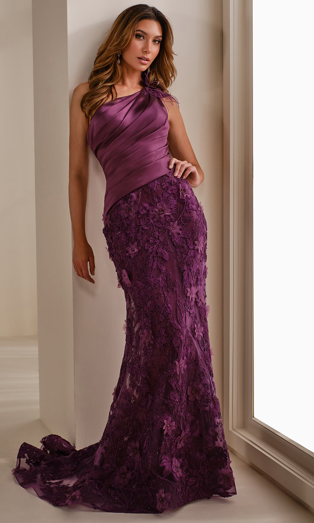 Montage by Mon Cheri M3102 - Pleated Bodice Floral Appliqued Gown