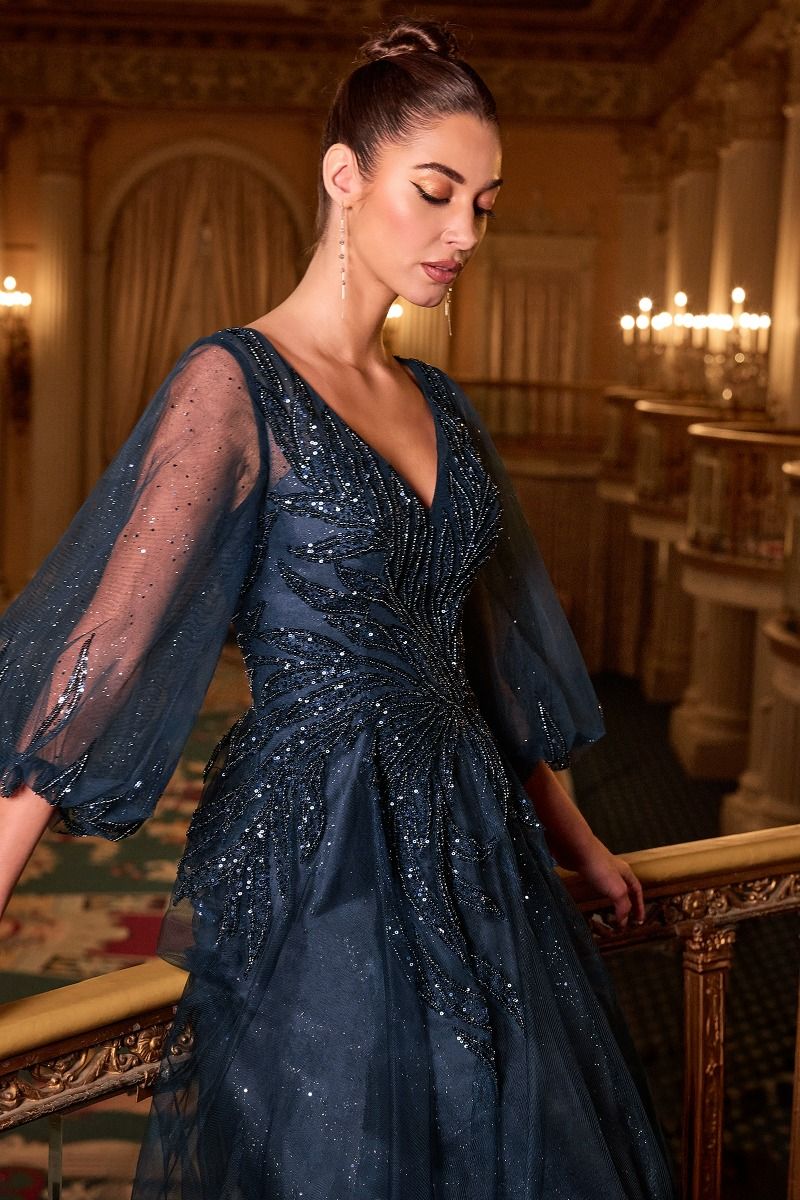 Ladivine CD0101 - V-Neck Sheer Sleeve Evening Gown
