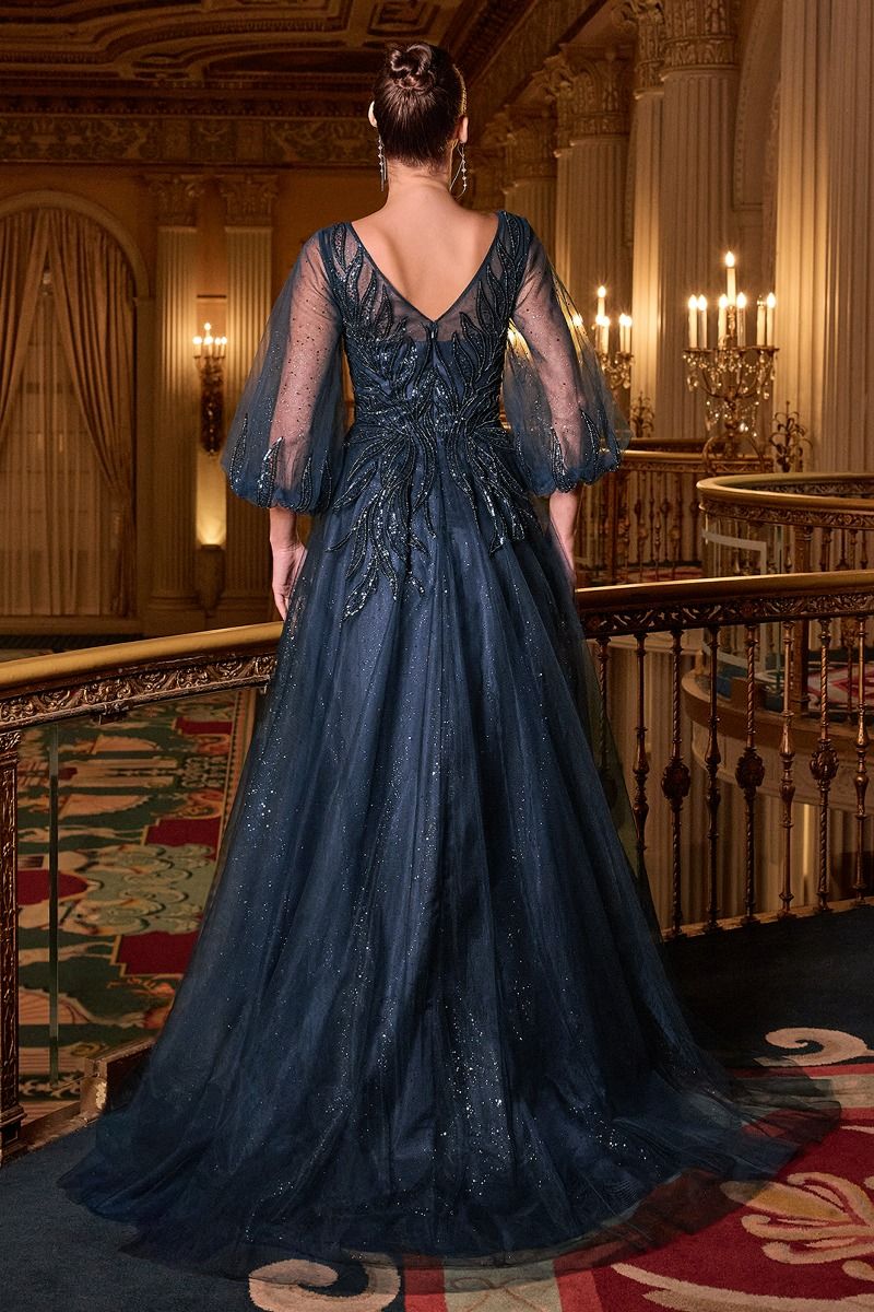 Ladivine CD0101 - V-Neck Sheer Sleeve Evening Gown