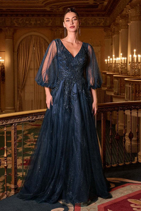 Ladivine CD0101 - V-Neck Sheer Sleeve Evening Gown