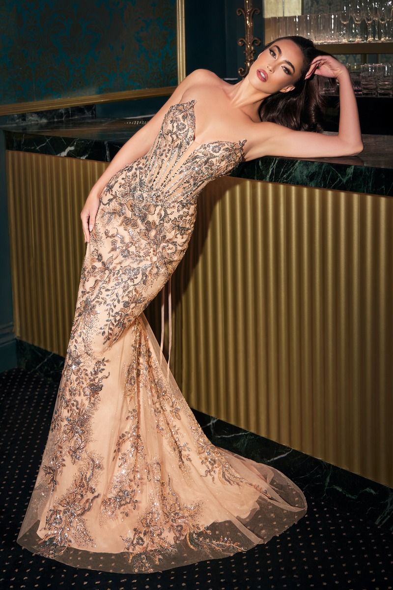 Ladivine CD723 - Strapless Sequin Embellished Tulle Gown