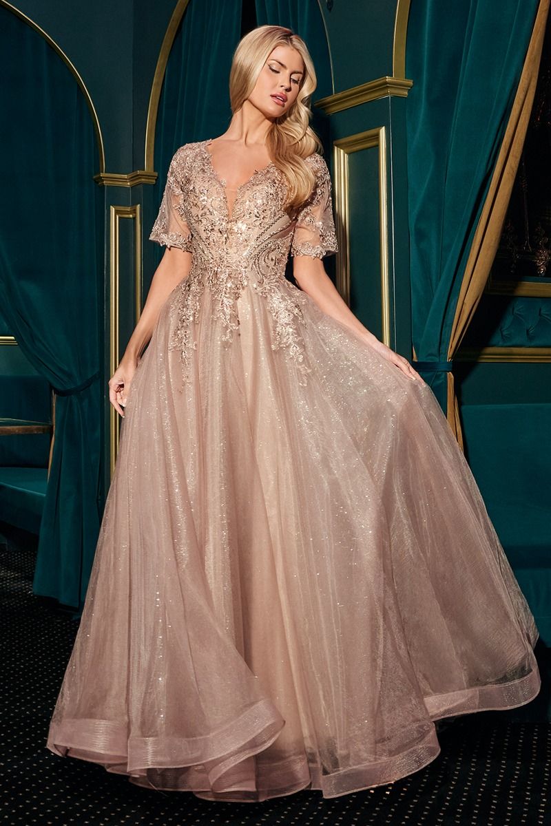 Ladivine CD726 - Layered Skirt V-Neck Formal Gown