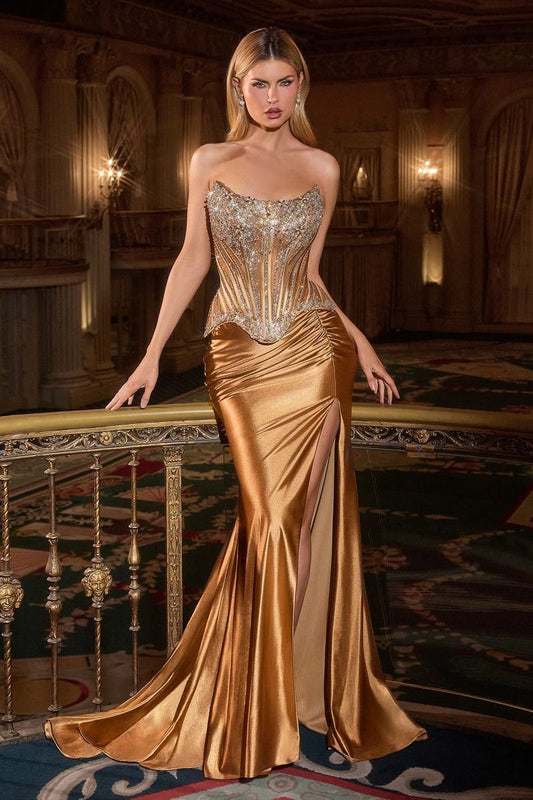 Ladivine CD733 - Lace-Up Back Satin Sheath Gown