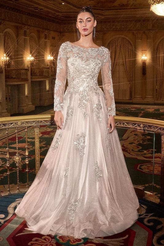 Ladivine Bridal J883W - Bateau Neck Lace Appliqued Gown