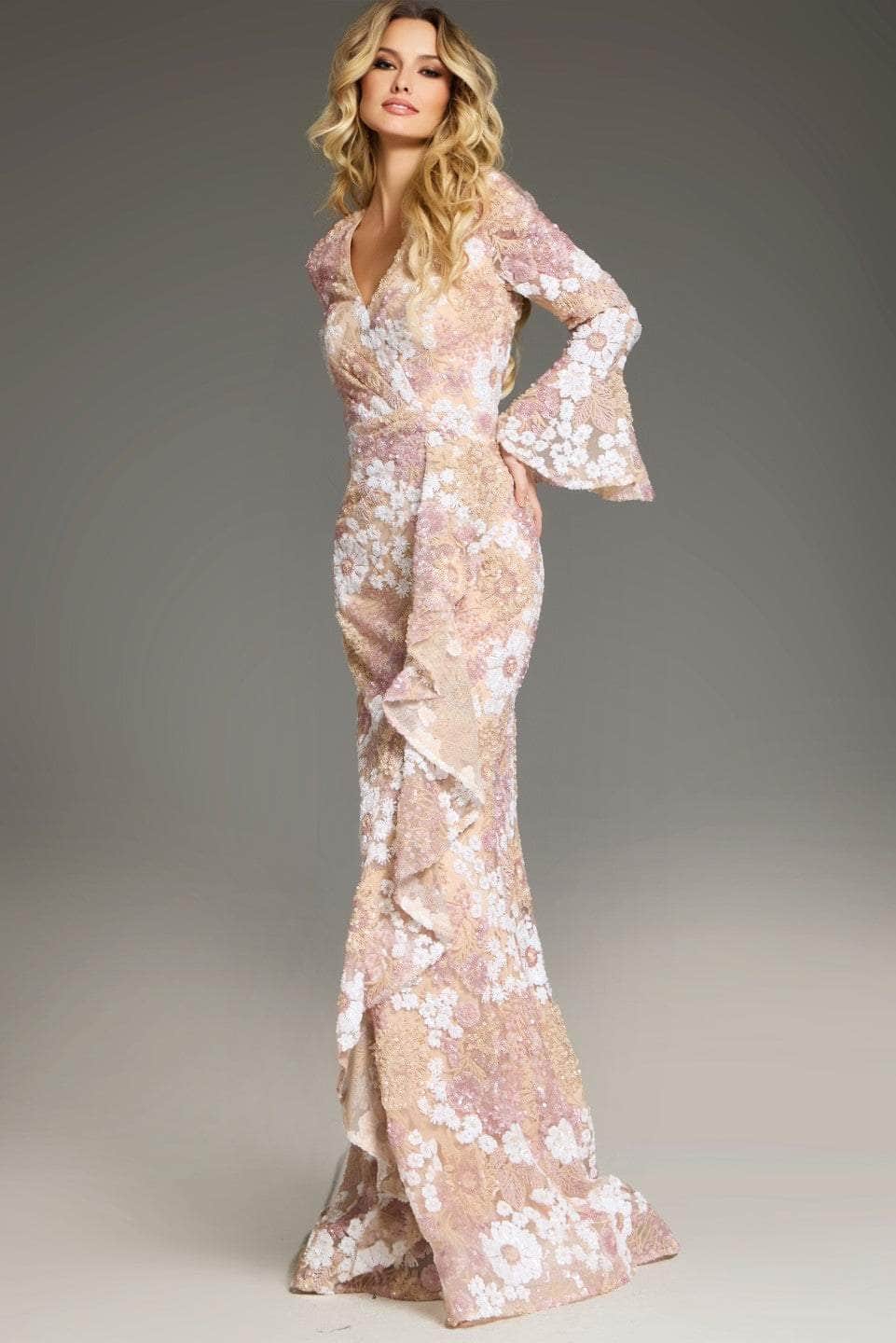 Jovani 39118 - Flared Sleeve Floral Gown