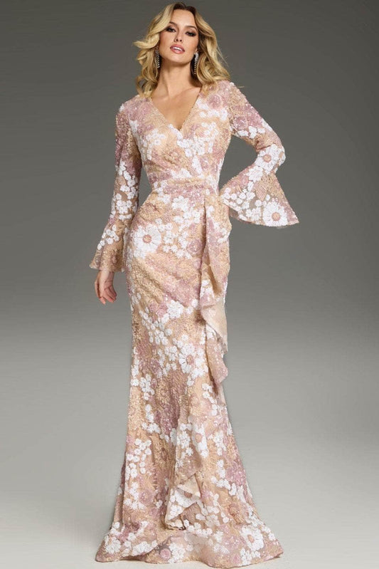 Jovani 39118 - Flared Sleeve Floral Gown