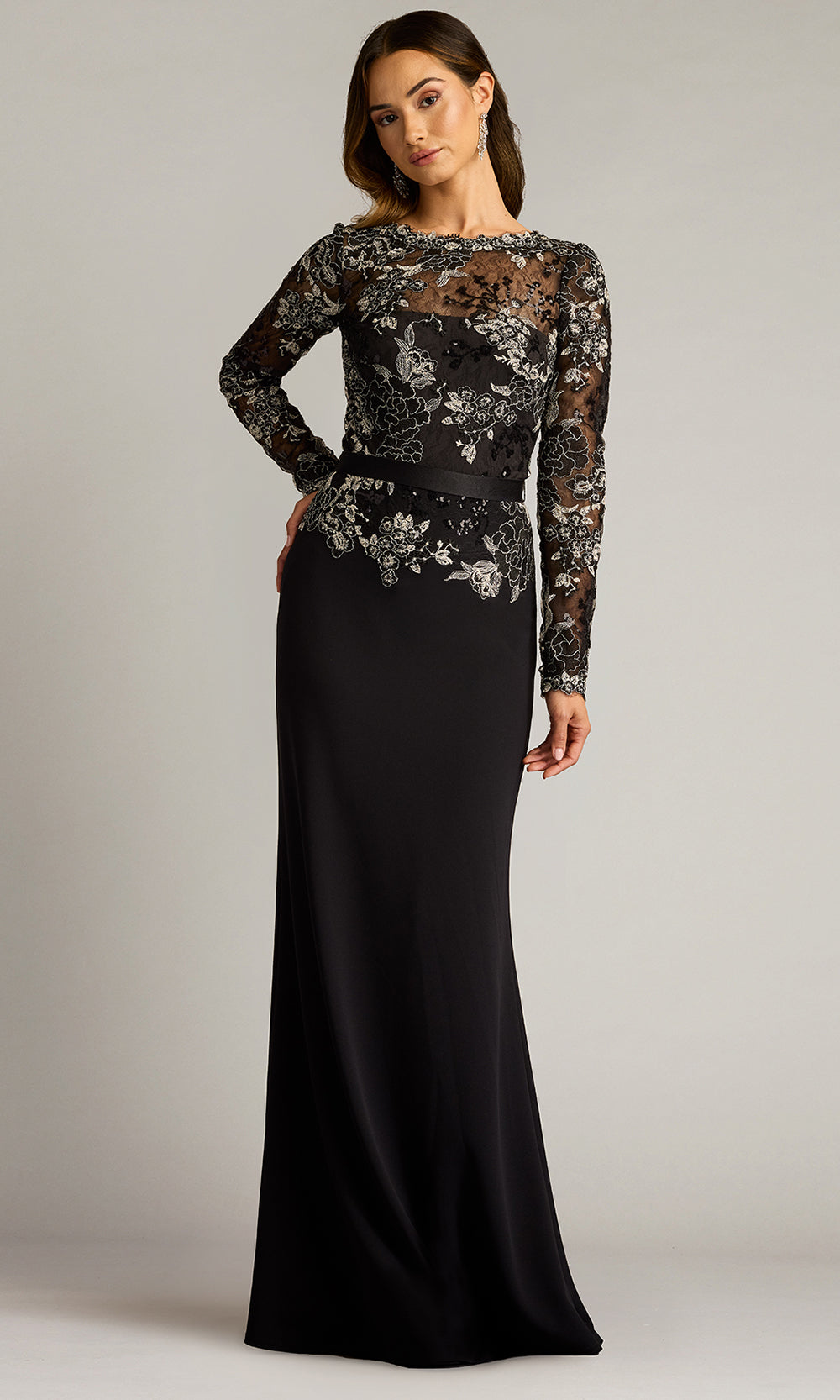 Tadashi Shoji CGU25804L - Beacon Belted Embroidered Illusion Sheath Gown