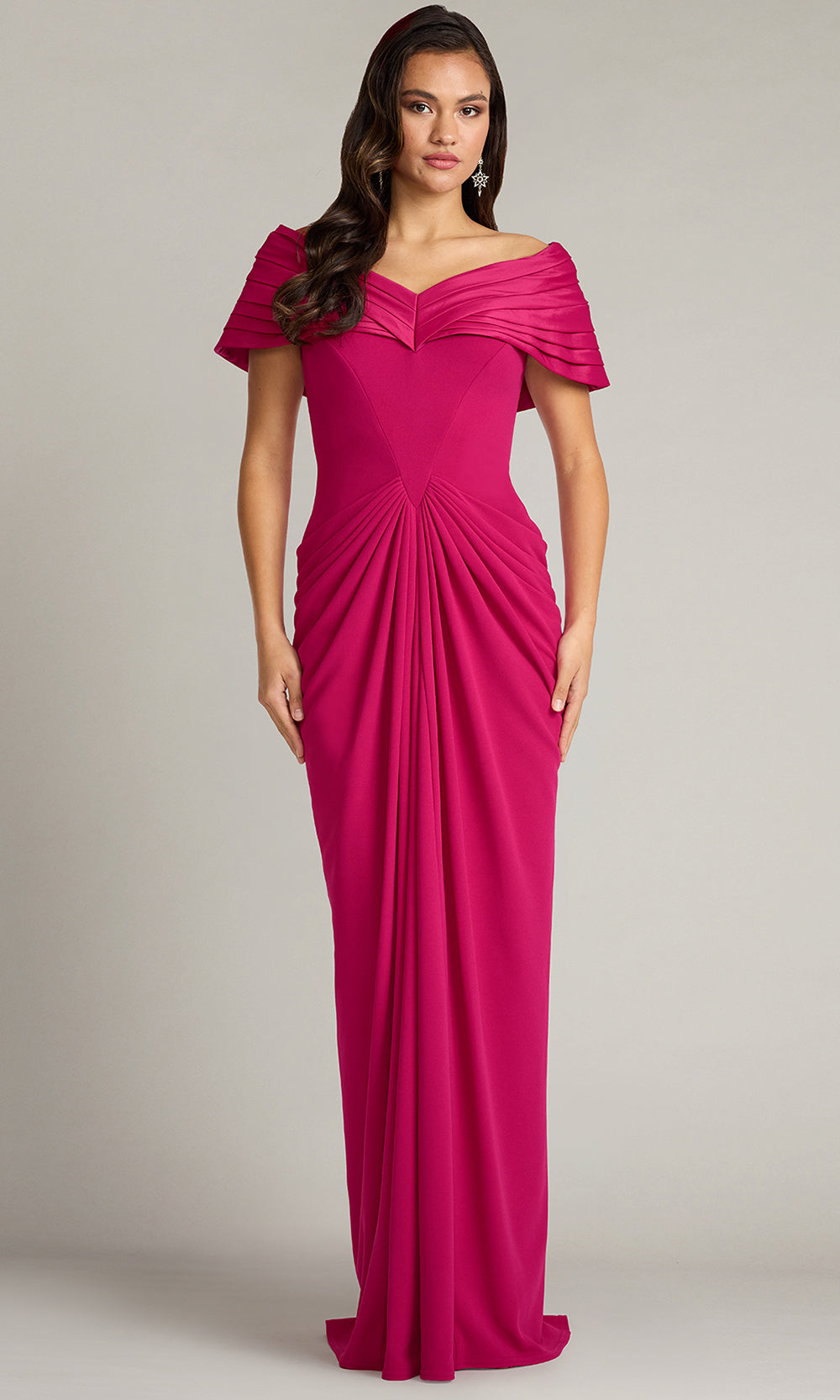 Tadashi Shoji BOS25800L - Seraphine Pleated Portrait Collar Sheath Gown