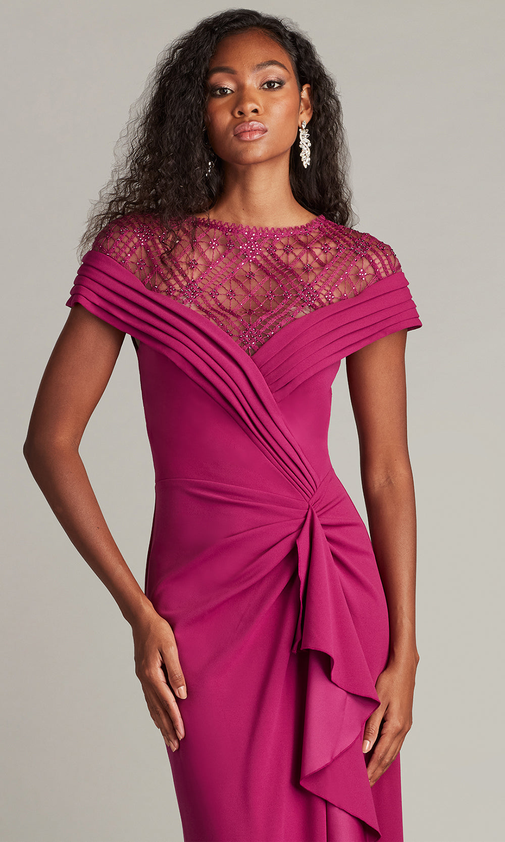 Tadashi Shoji CHR25375LB - Short Sleeve Yura Waterfall Flounce Gown