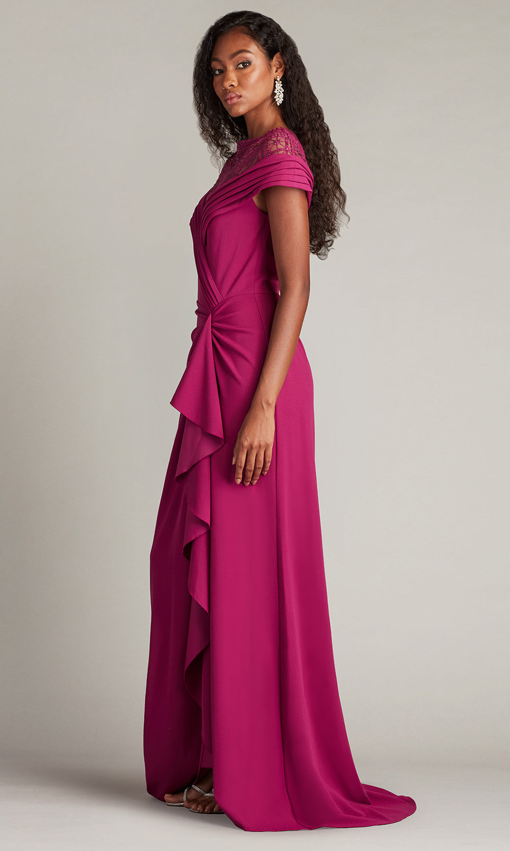 Tadashi Shoji CHR25375LB - Short Sleeve Yura Waterfall Flounce Gown