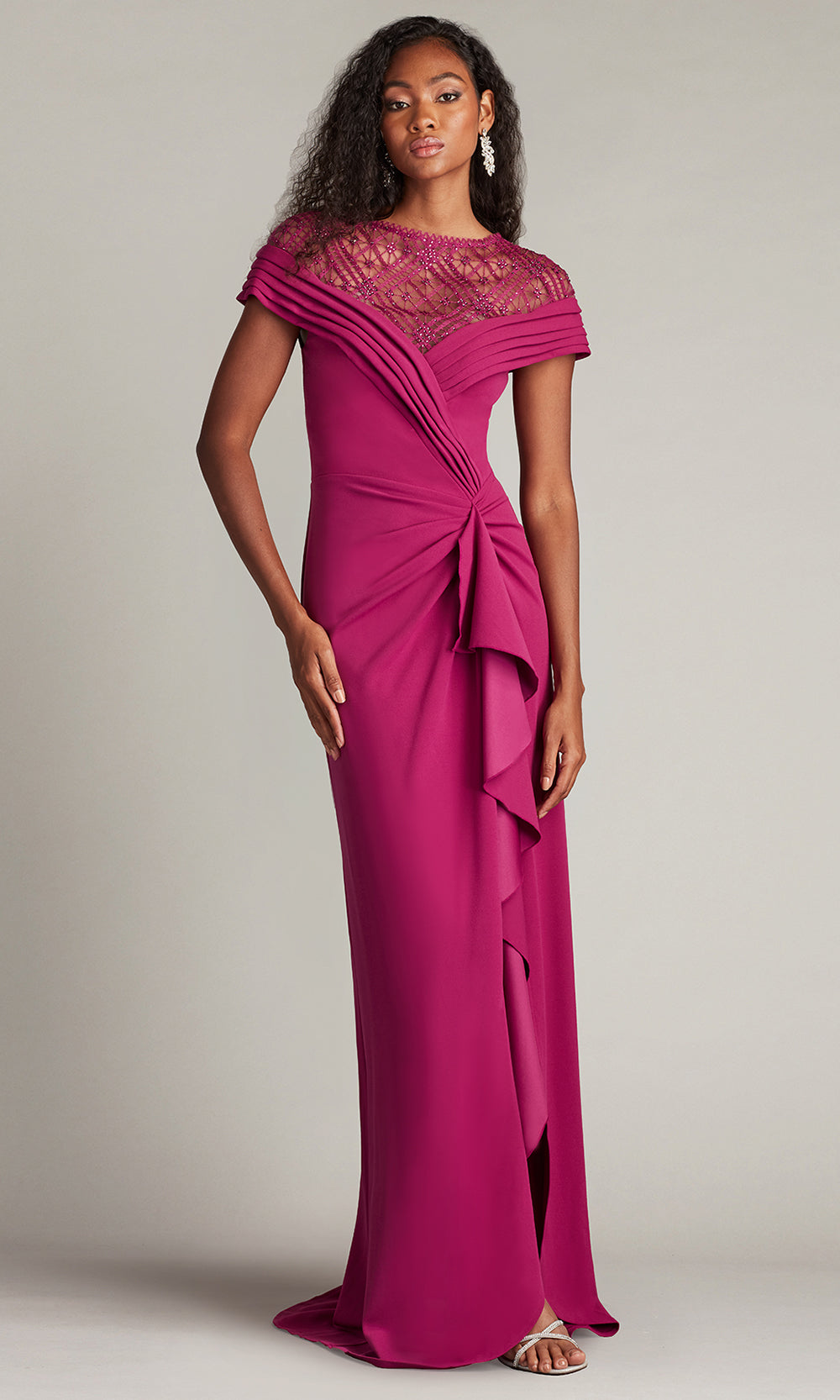 Tadashi Shoji CHR25375LB - Short Sleeve Yura Waterfall Flounce Gown
