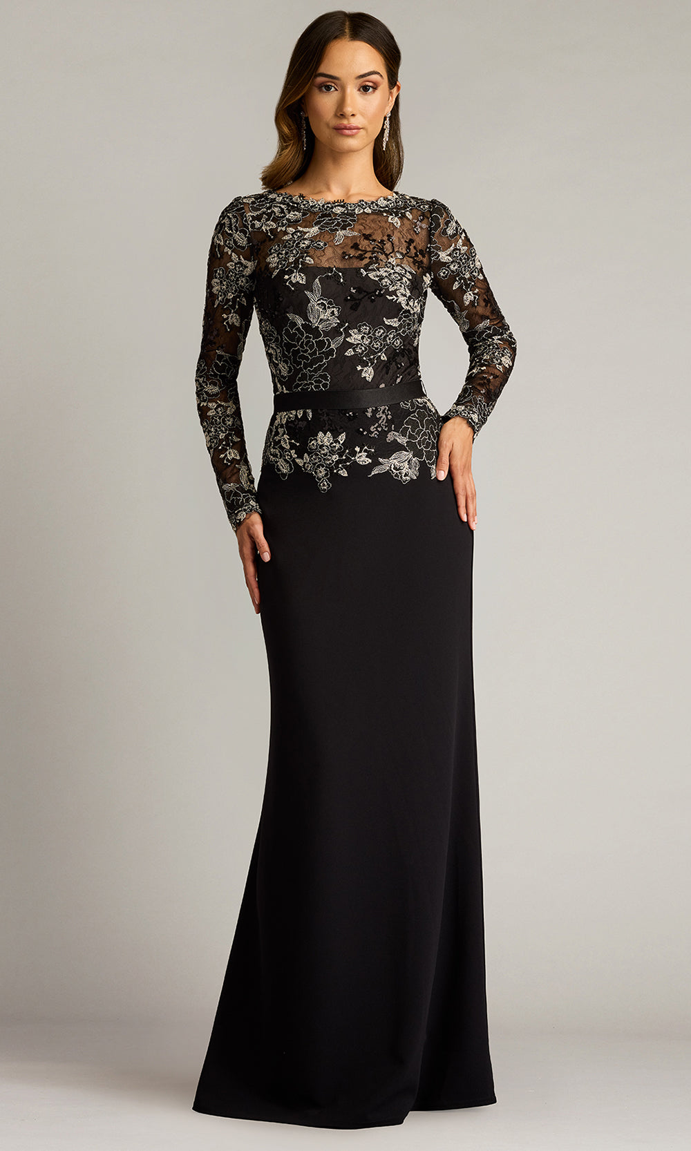 Tadashi Shoji CGU25804L - Beacon Belted Embroidered Illusion Sheath Gown