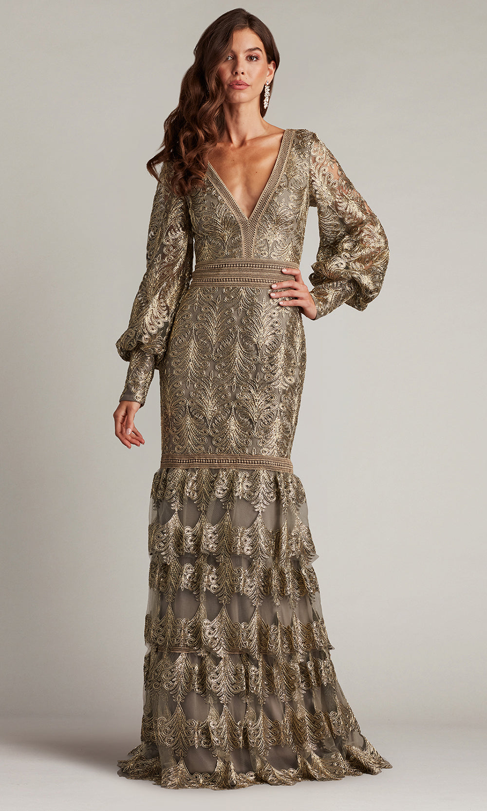 Tadashi Shoji CGA24268L - V-Neck Aponi Tiered Sequin Embroidered Gown