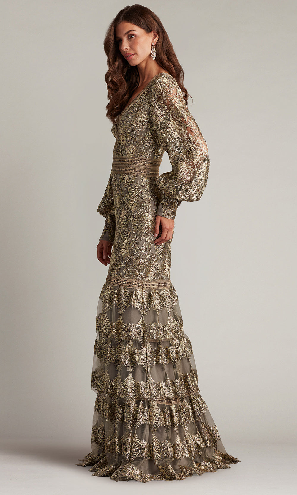 Tadashi Shoji CGA24268L - V-Neck Aponi Tiered Sequin Embroidered Gown