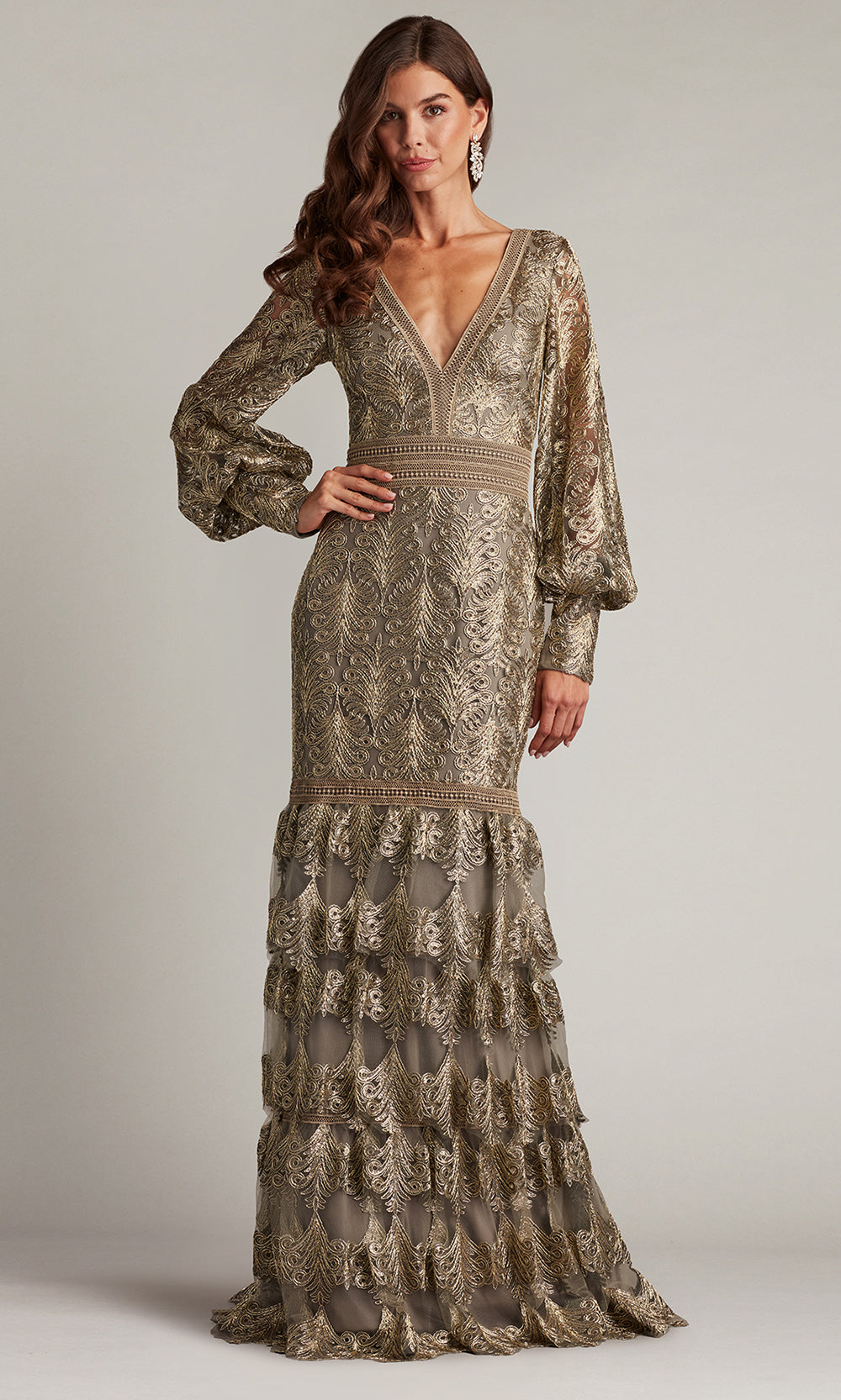 Tadashi Shoji CGA24268L - V-Neck Aponi Tiered Sequin Embroidered Gown