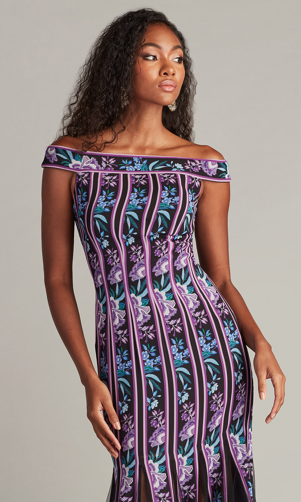 Tadashi Shoji CHZ25464L - Off Shoulder Weston Floral Ribbon and Tulle Gown