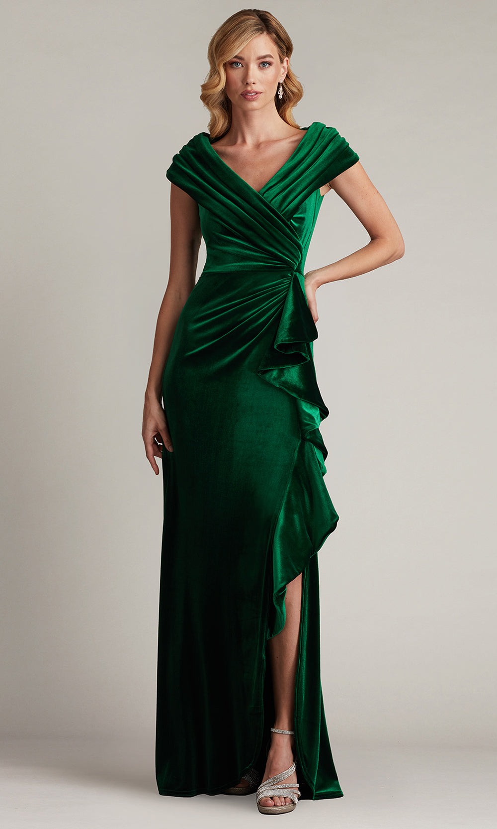 Tadashi Shoji BAL24740L - Alvarez Velvet Waterfall Drape Evening Gown