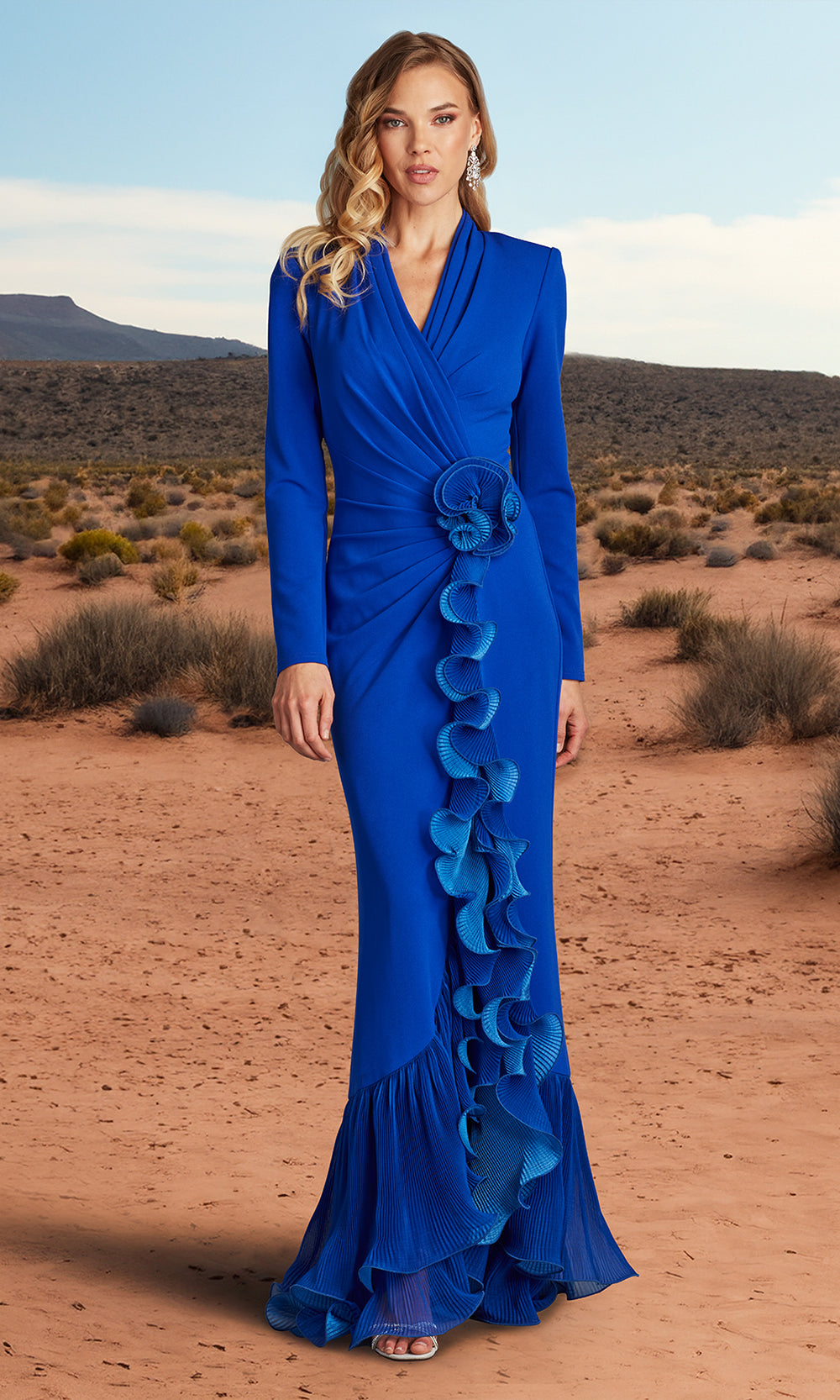 Tadashi Shoji BOS24382L - Malone Cascading Ruffle Long Sleeve Gown