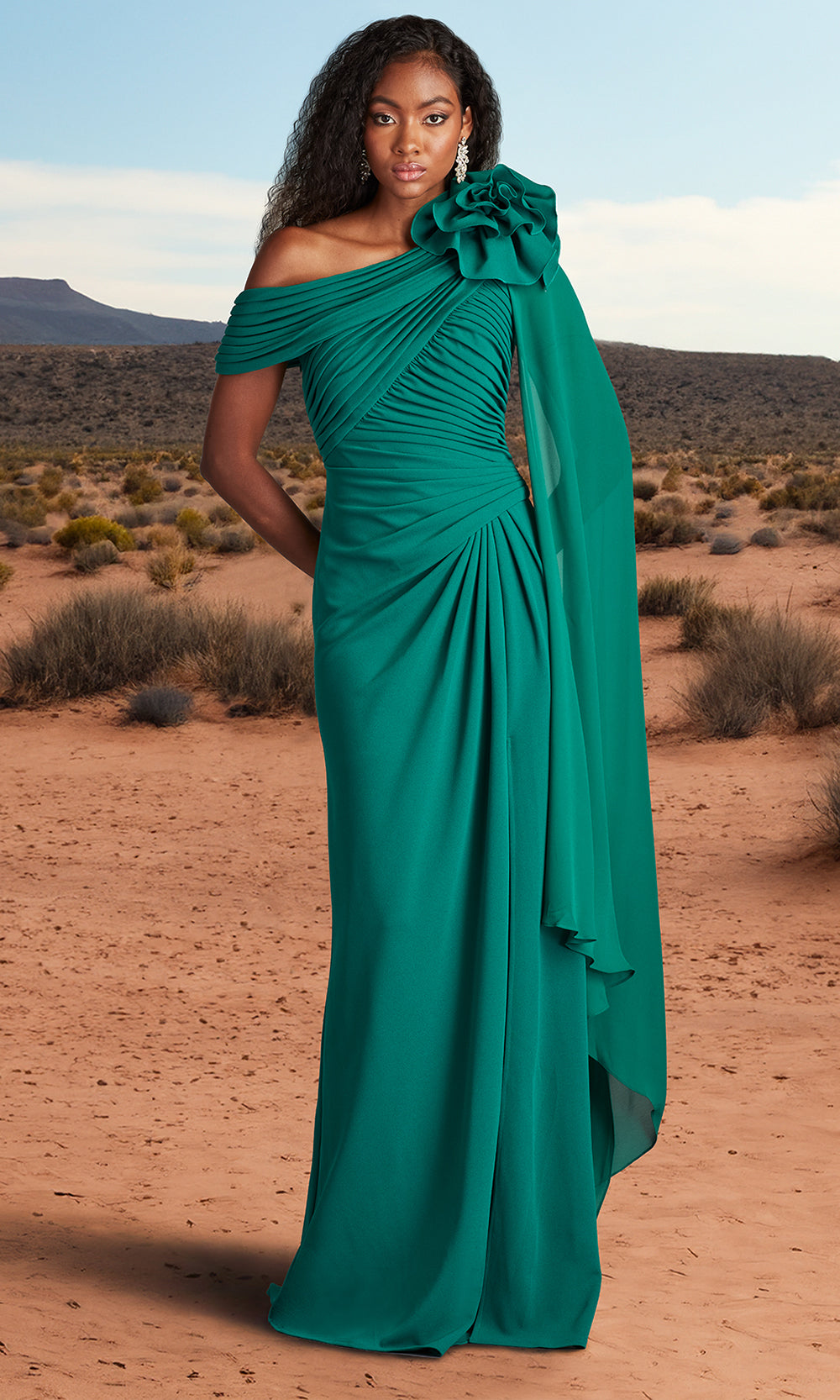 Tadashi Shoji BOS24012L - Kamari Draped Rosette Shoulder Crepe Gown