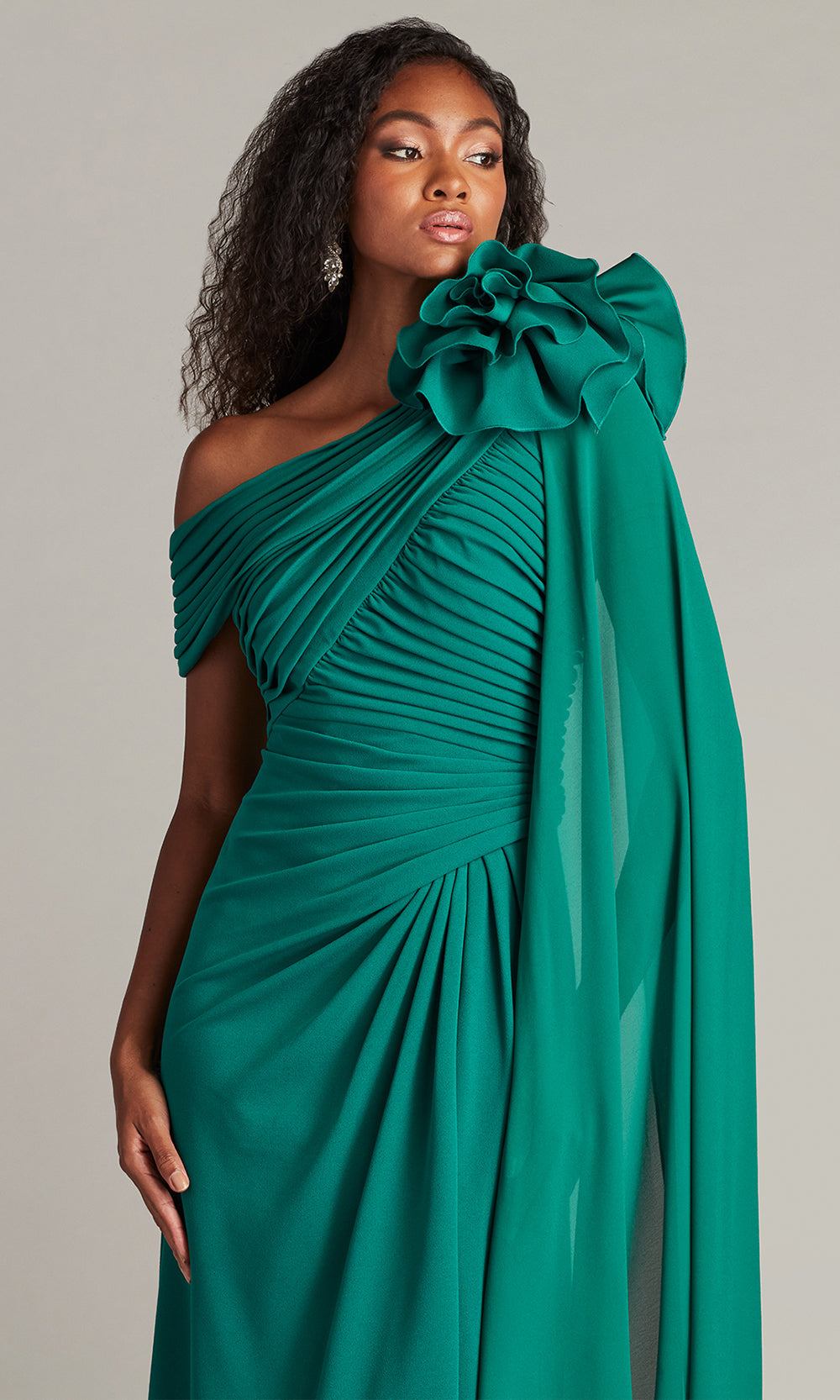 Tadashi Shoji BOS24012L - Kamari Draped Rosette Shoulder Crepe Gown