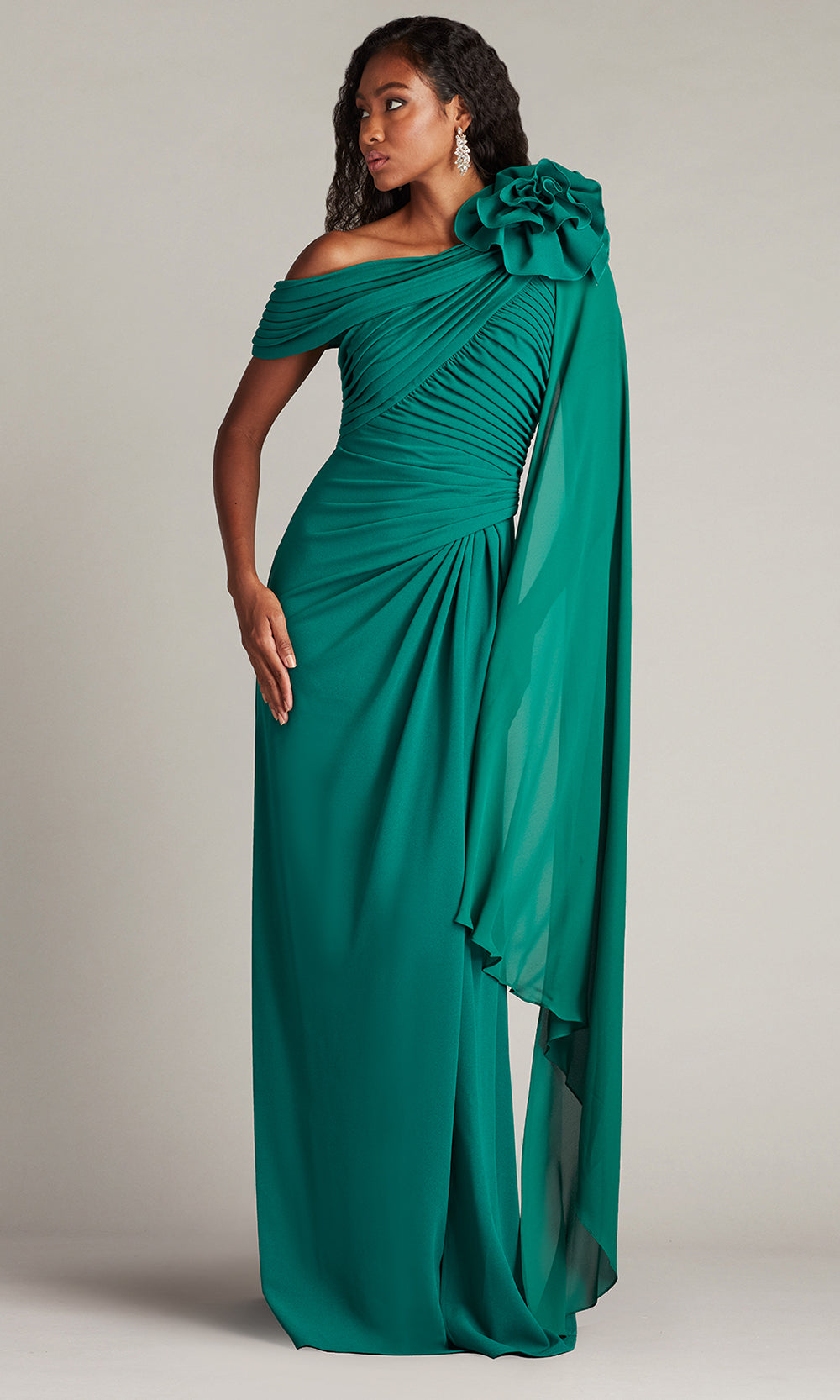 Tadashi Shoji BOS24012L - Kamari Draped Rosette Shoulder Crepe Gown