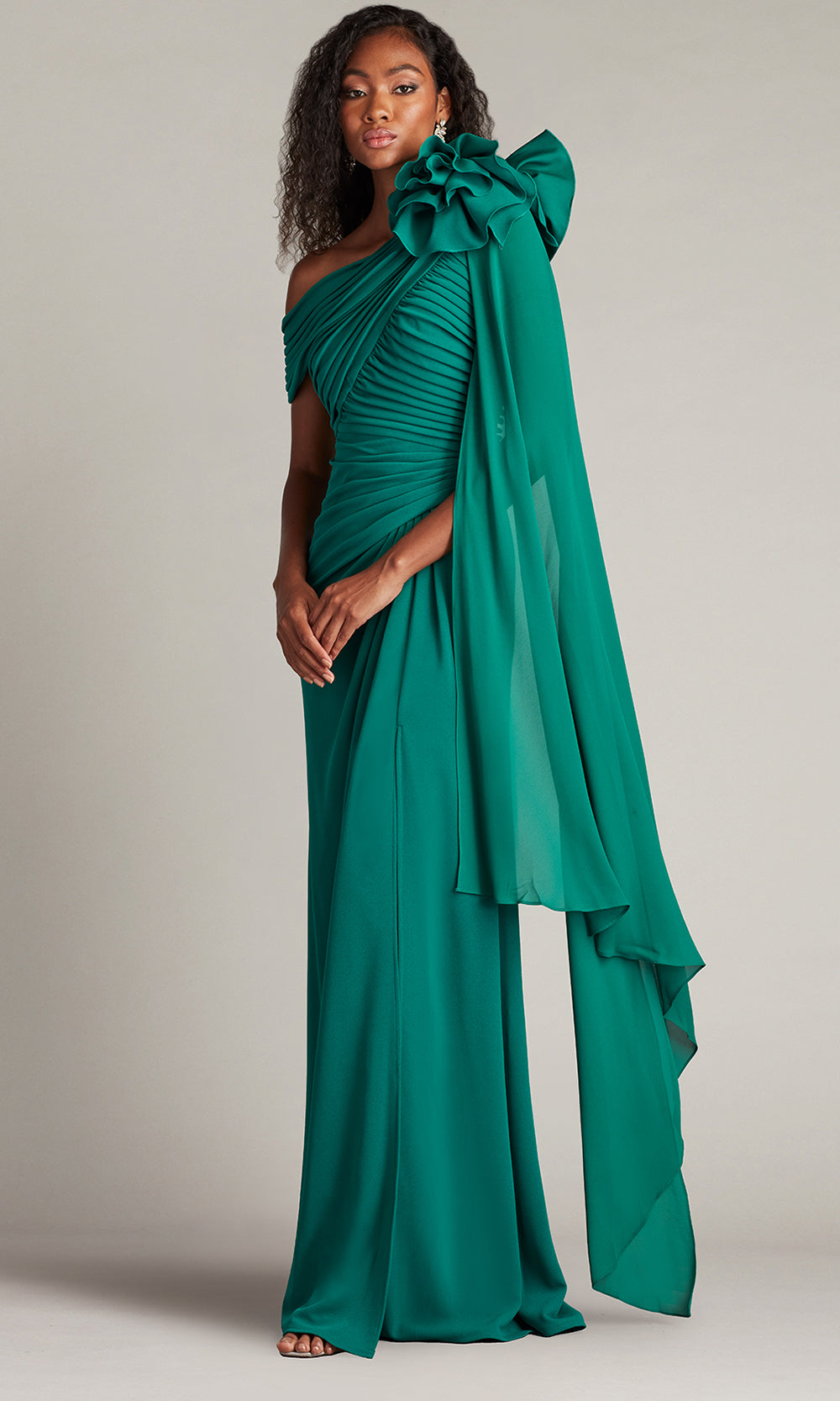 Tadashi Shoji BOS24012L - Kamari Draped Rosette Shoulder Crepe Gown